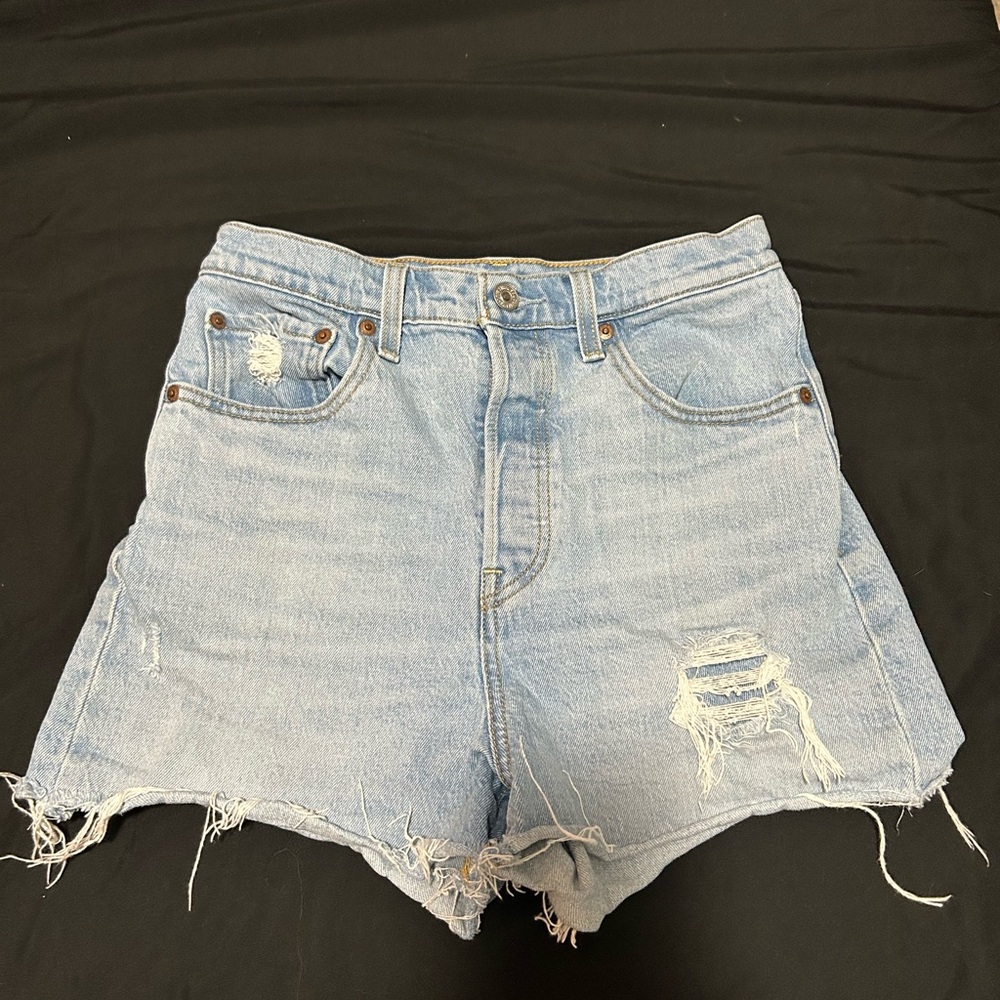 Light Blue High-Rise Distressed Denim Cutoff Shorts